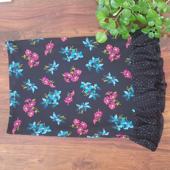 Vintage 90s EXPRESS Ruffle Hem Skirt Black Pink Blue Green Floral Polkad… - Picture 1 of 9